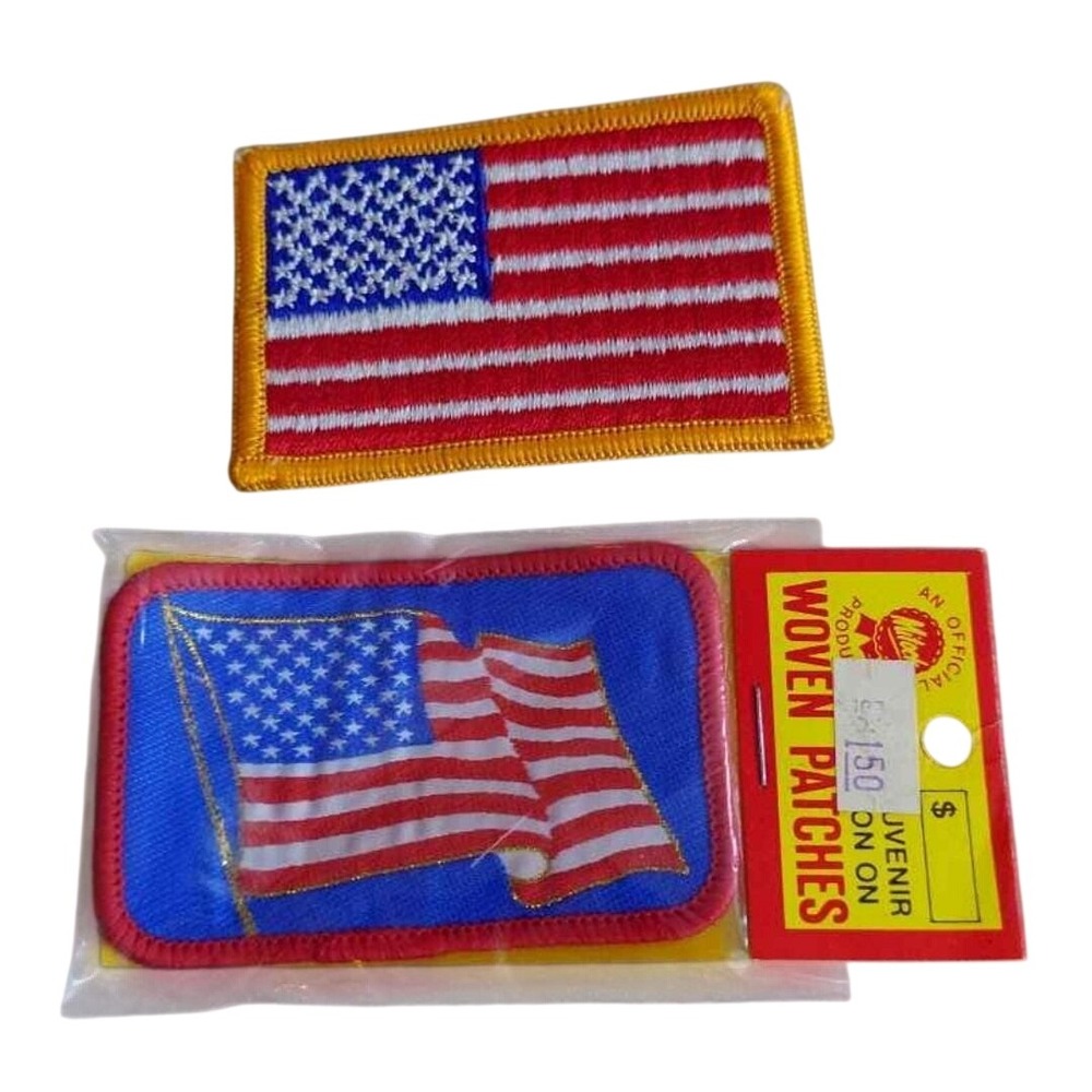 Unbranded Patch USA Flag Embroidered Iron-On Sew-On Set of 2 Gold Border Waving